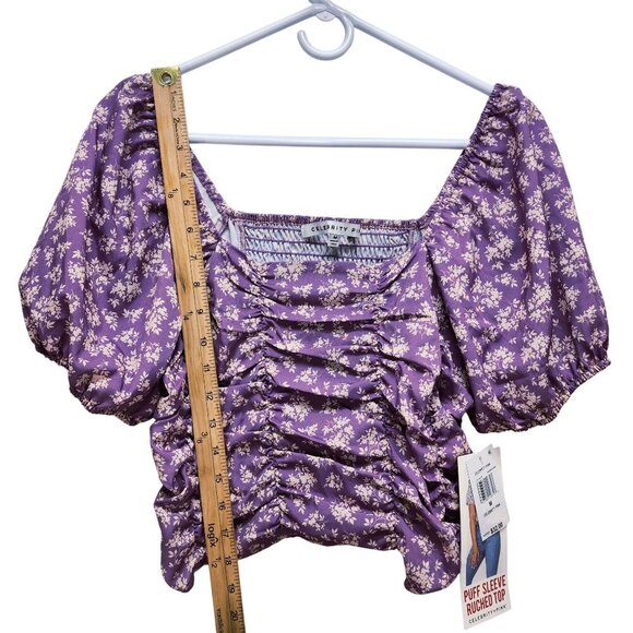 Celebrity Pink Purple Floral Puff Sleeve Ruched Top Womens Cropped Blouse Size M - Picture 6 of 9